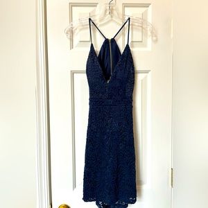 EMERALD SUNDAE Navy Blue Lace Mesh Racerback Spaghetti Strap Stretch Dress